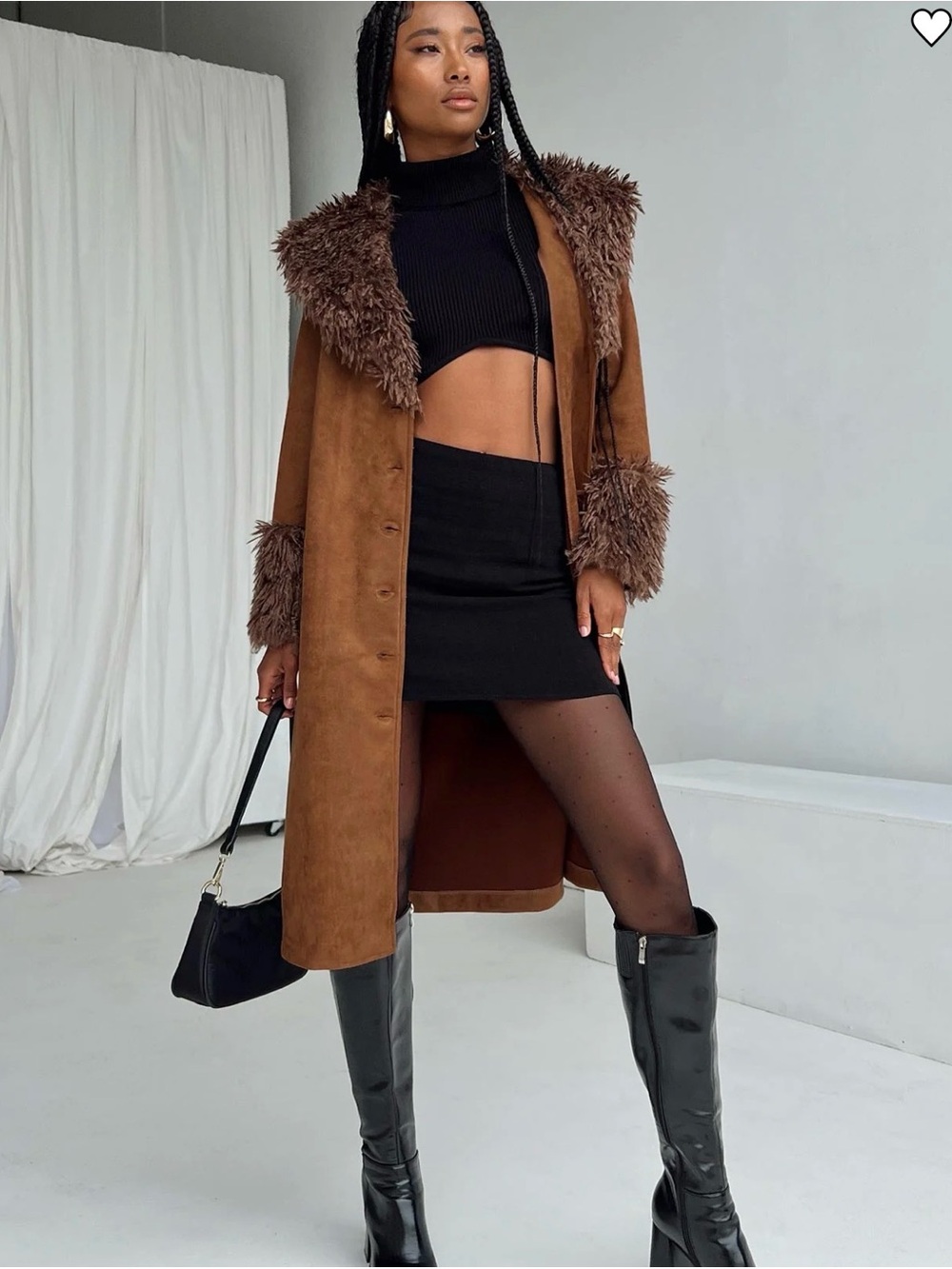 NWT Princess Polly Brown Suede Trench Coat with Faux Fur Trim - Picture 2 of 5